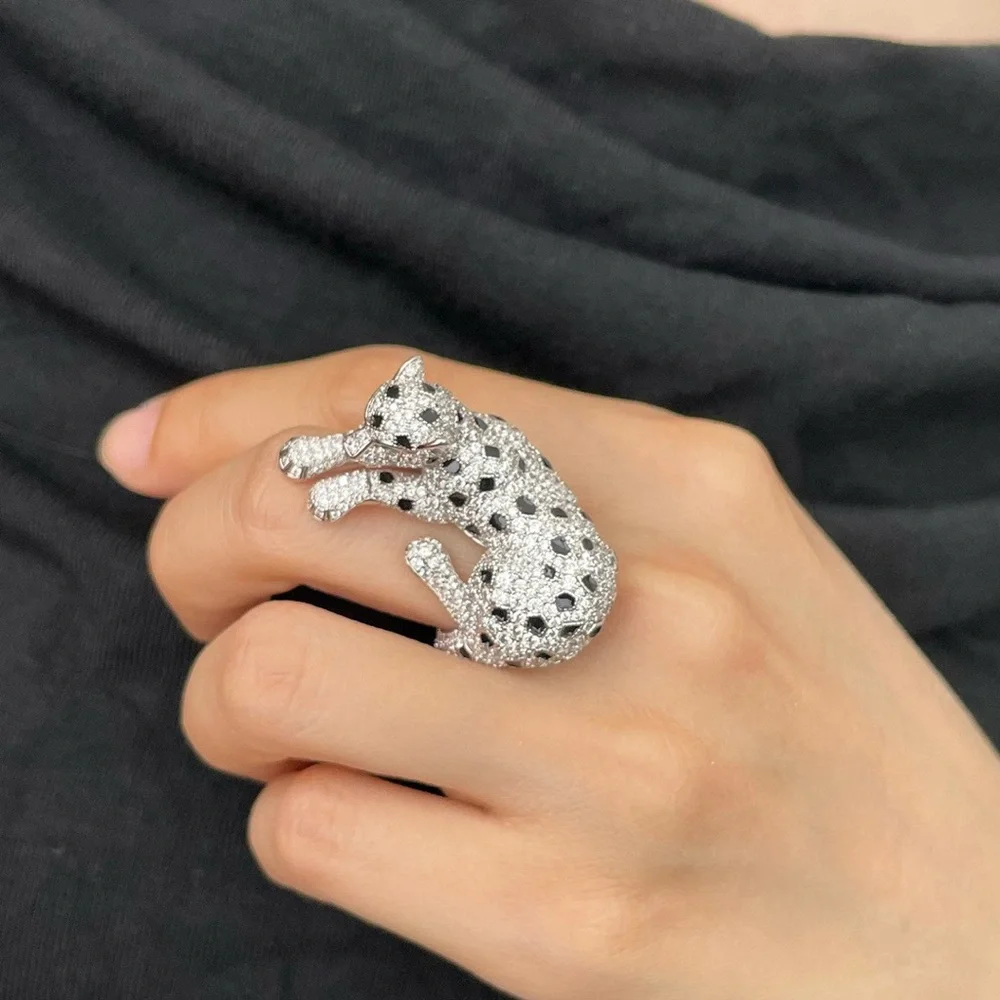 Paved Crystal Leopard Dog Ring in Silver Tone